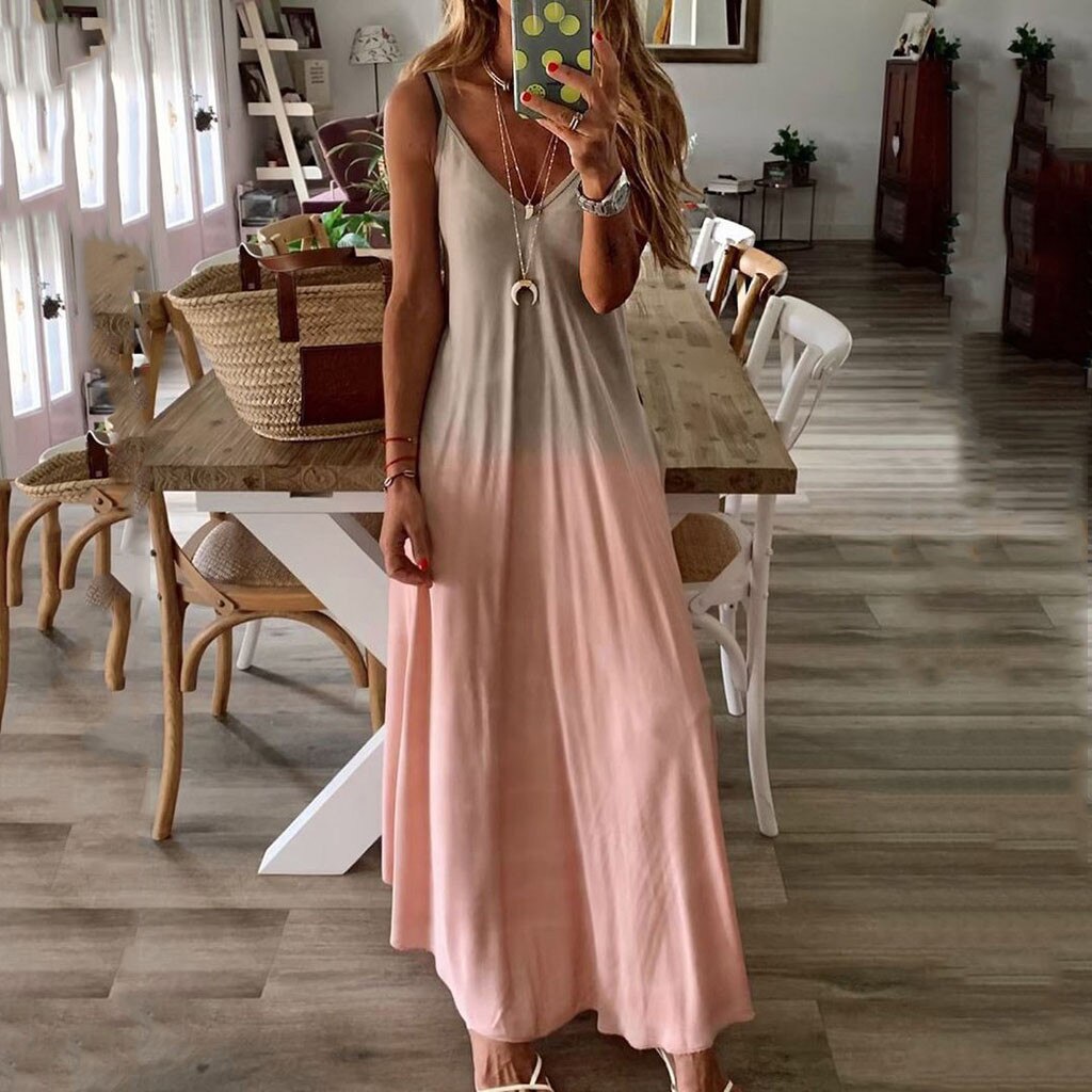 Long V neckless dress for women bohemian style women's evening party dresses Casual Sleeveless Print Maxi Tank Long Dress