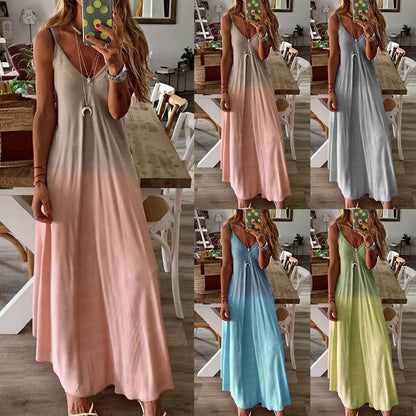Long V neckless dress for women bohemian style women's evening party dresses Casual Sleeveless Print Maxi Tank Long Dress