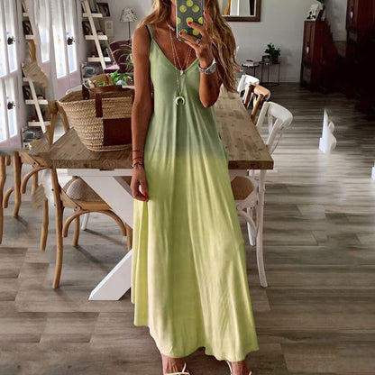 Long V neckless dress for women bohemian style women's evening party dresses Casual Sleeveless Print Maxi Tank Long Dress