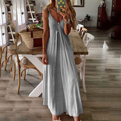 Long V neckless dress for women bohemian style women's evening party dresses Casual Sleeveless Print Maxi Tank Long Dress