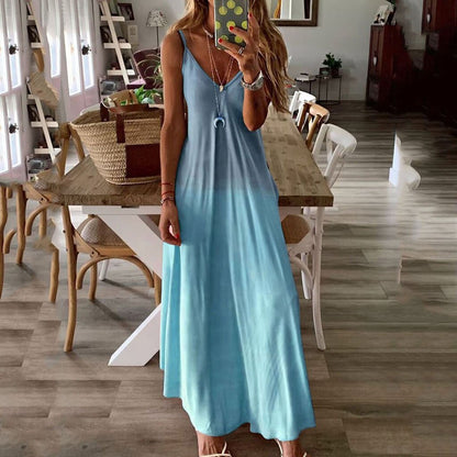 Long V neckless dress for women bohemian style women's evening party dresses Casual Sleeveless Print Maxi Tank Long Dress