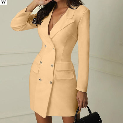 Women's Long Sleeve Blazer Bress Elegant Office Ladies Trench Dress V-neck party dress vestidos evening party dresses  9.19