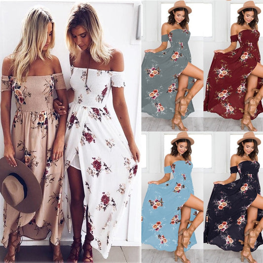 Lossky 2018 New Women's Sexy Side Split Summer Dress Off Shoulder Vintage Print Maxi Dress Women Beach Dress Vestidos