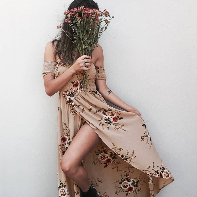 Lossky 2018 New Women's Sexy Side Split Summer Dress Off Shoulder Vintage Print Maxi Dress Women Beach Dress Vestidos