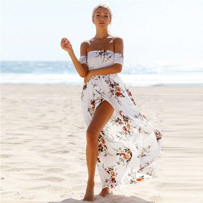 Lossky 2018 New Women's Sexy Side Split Summer Dress Off Shoulder Vintage Print Maxi Dress Women Beach Dress Vestidos