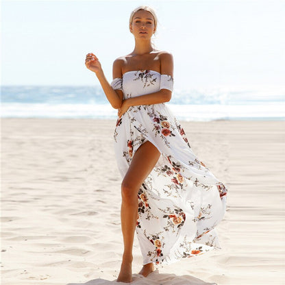 Lossky 2018 New Women's Sexy Side Split Summer Dress Off Shoulder Vintage Print Maxi Dress Women Beach Dress Vestidos