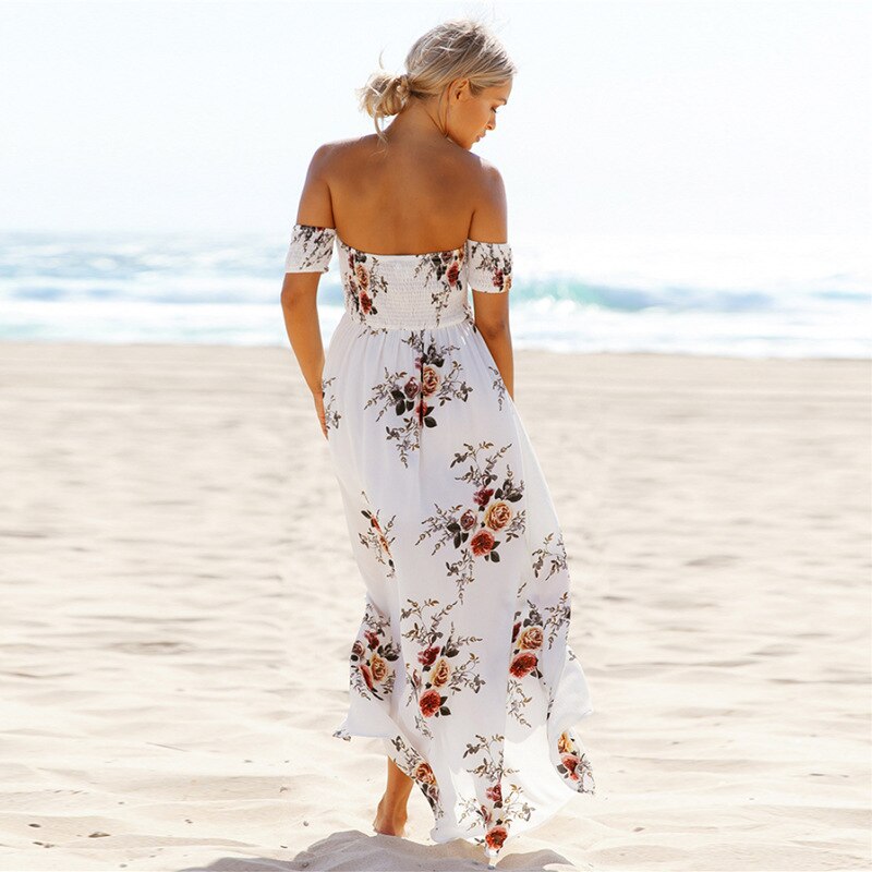 Lossky 2018 New Women's Sexy Side Split Summer Dress Off Shoulder Vintage Print Maxi Dress Women Beach Dress Vestidos
