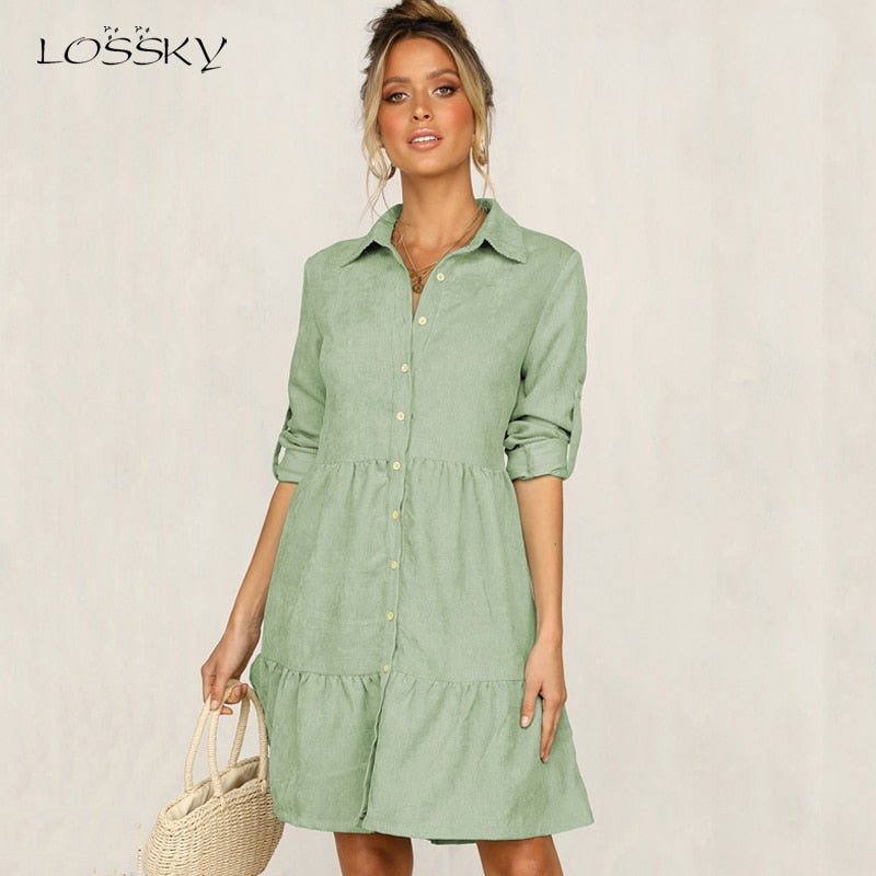 Lossky Shirt Dress Long Sleeve Women Autumn Office Work Dress Chic Button White Black Ladies Slim Midi Dresses 2020 Clothes