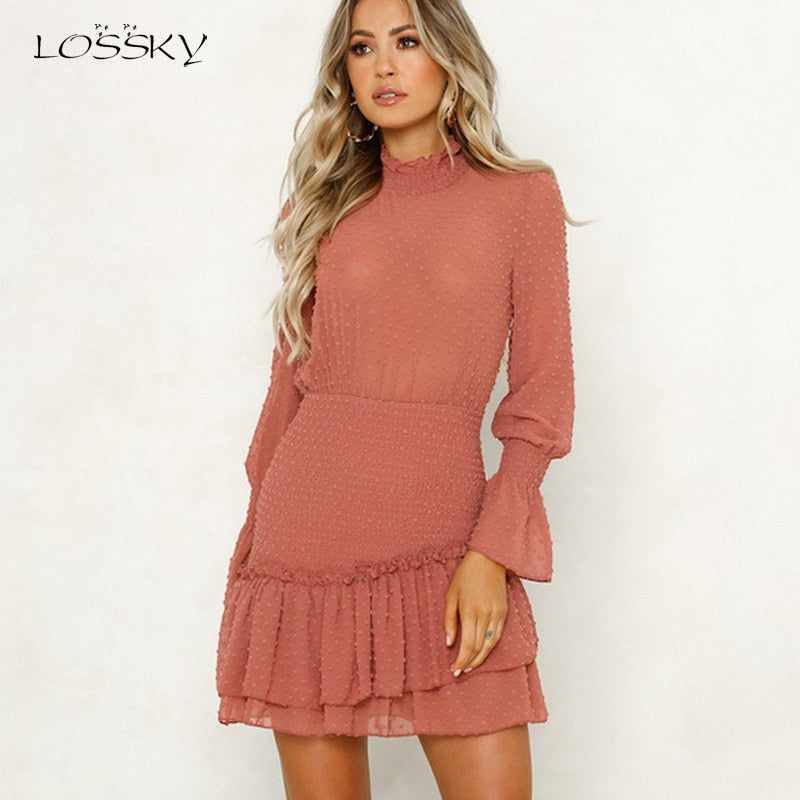 Lossky Women Dress Long Sleeve Sexy See Through Mini Short Dress White Cascading Ruffled Ladies dresses for women 2020 Spring