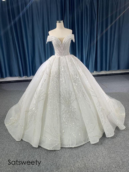 Luxury Beaded Princess Wedding Dress Lace Appliques Off Shoulder Ball Gown Illusion Bridal Customized Vestido de Noivas
