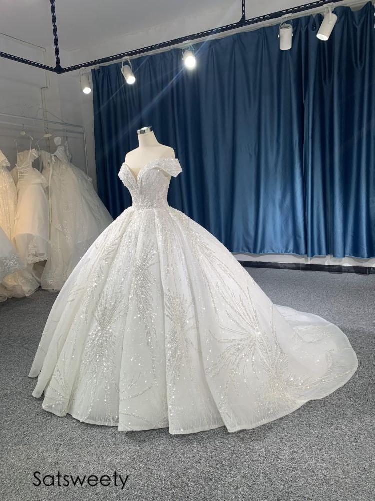 Luxury Beaded Princess Wedding Dress Lace Appliques Off Shoulder Ball Gown Illusion Bridal Customized Vestido de Noivas