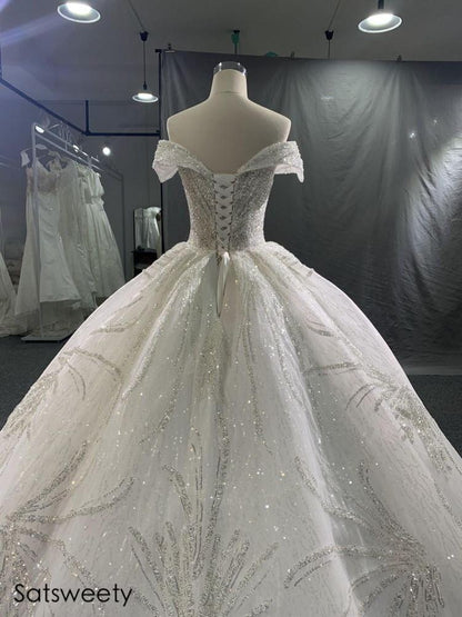 Luxury Beaded Princess Wedding Dress Lace Appliques Off Shoulder Ball Gown Illusion Bridal Customized Vestido de Noivas