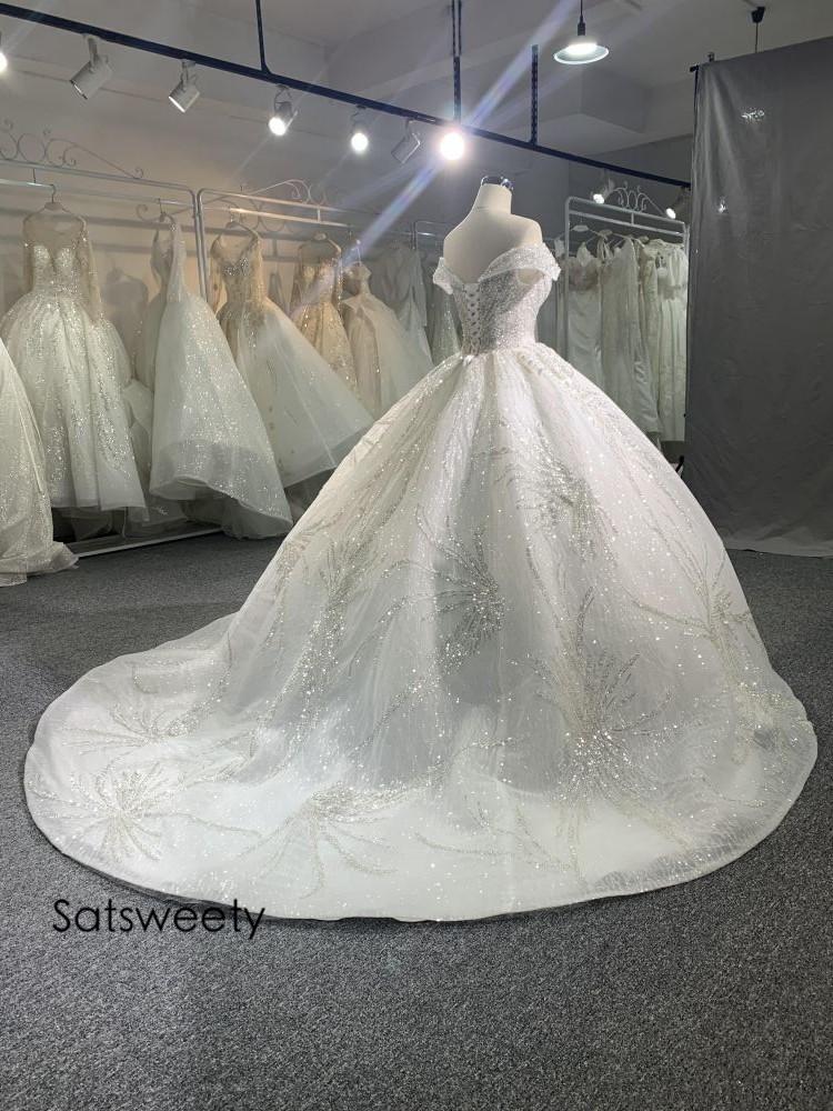Luxury Beaded Princess Wedding Dress Lace Appliques Off Shoulder Ball Gown Illusion Bridal Customized Vestido de Noivas
