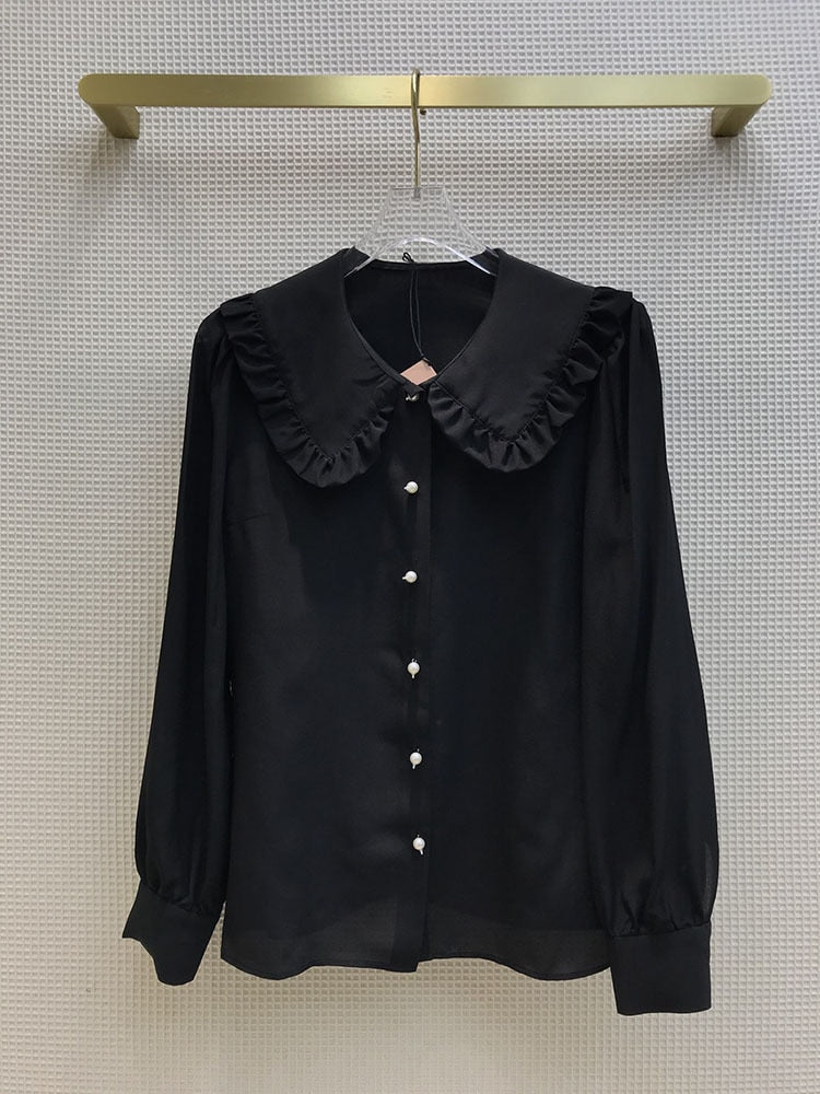 Luxury Brand Blouse Women 2021 Early Spring New Elegant Commuter Versatile Peter Pan Collar Silk Shirt Solid Long Sleeve Shirts