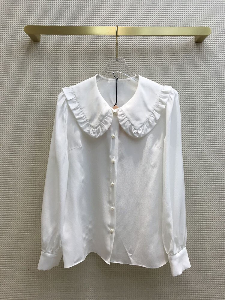 Luxury Brand Blouse Women 2021 Early Spring New Elegant Commuter Versatile Peter Pan Collar Silk Shirt Solid Long Sleeve Shirts