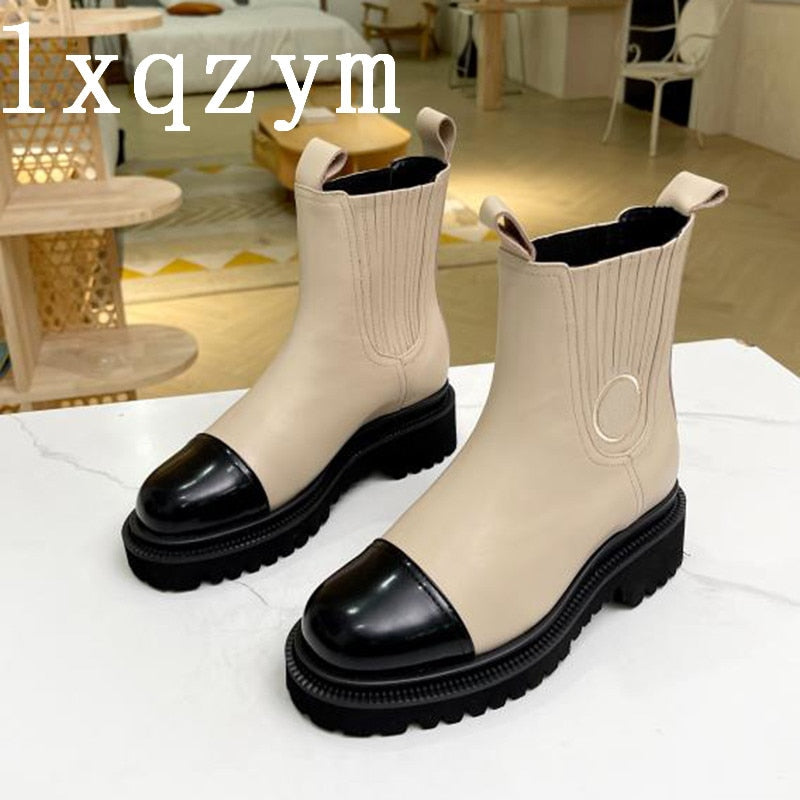 Luxury Brand New Thick Sole Genuine Leather Chelsea Boots Woman Slip One Round Toe Ankle Boots Low Heels Martin Motoycycle Boots