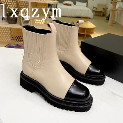 Luxury Brand New Thick Sole Genuine Leather Chelsea Boots Woman Slip One Round Toe Ankle Boots Low Heels Martin Motoycycle Boots