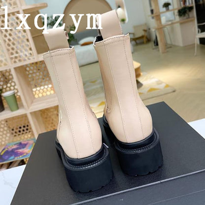 Luxury Brand New Thick Sole Genuine Leather Chelsea Boots Woman Slip One Round Toe Ankle Boots Low Heels Martin Motoycycle Boots