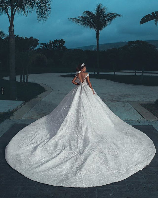 Luxury Off Shoulder Lace Ball Gown Wedding Dresses Princess Backless Muslim Bride Wedding Gowns Bridal Gowns Robe De Marriee