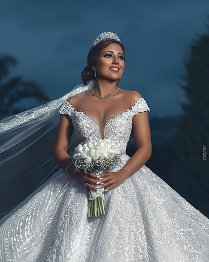 Luxury Off Shoulder Lace Ball Gown Wedding Dresses Princess Backless Muslim Bride Wedding Gowns Bridal Gowns Robe De Marriee