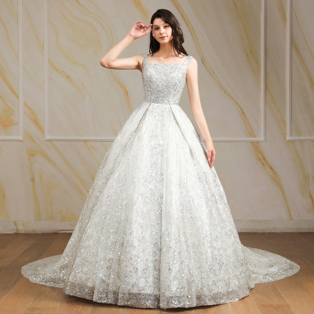Luxury Sequins Beads Ball Gown Wedding Dress 2021 Romantic Square Neck Tan Sleeve Wedding Bridal Gowns Robe De Mariage