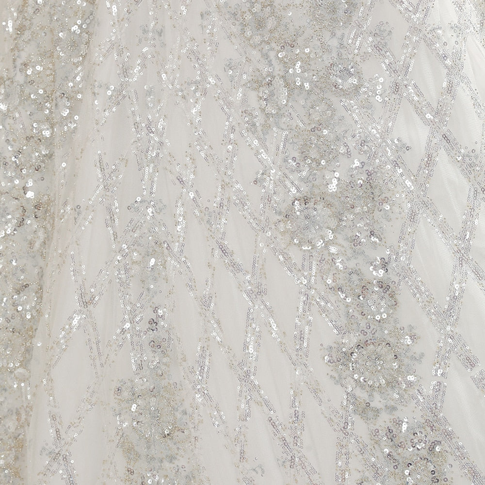 Luxury Sequins Beads Ball Gown Wedding Dress 2021 Romantic Square Neck Tan Sleeve Wedding Bridal Gowns Robe De Mariage