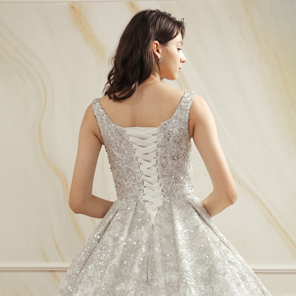 Luxury Sequins Beads Ball Gown Wedding Dress 2021 Romantic Square Neck Tan Sleeve Wedding Bridal Gowns Robe De Mariage