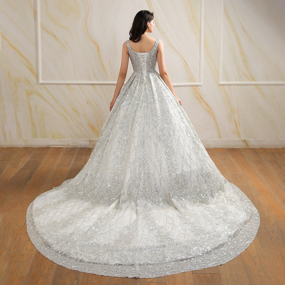 Luxury Sequins Beads Ball Gown Wedding Dress 2021 Romantic Square Neck Tan Sleeve Wedding Bridal Gowns Robe De Mariage