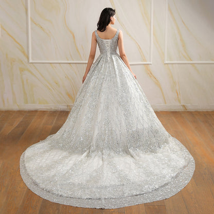 Luxury Sequins Beads Ball Gown Wedding Dress 2021 Romantic Square Neck Tan Sleeve Wedding Bridal Gowns Robe De Mariage