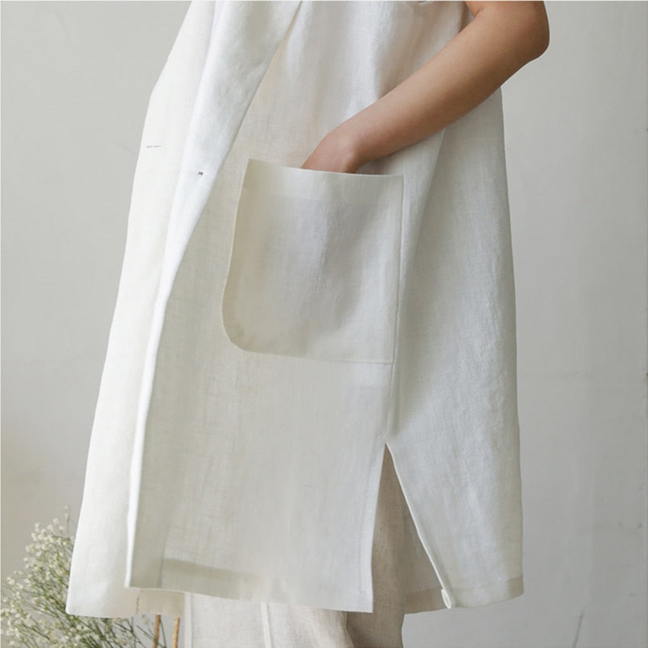 M-2XL Single-breasted Loose Simple Vest Jacket White 2020 Autumn Spring Sleeveless Suit Waistcoat Linen Long Coat Female QEN009