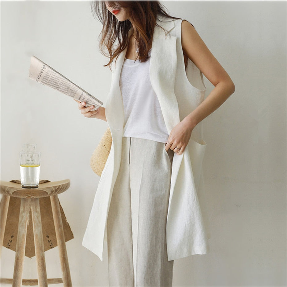 M-2XL Single-breasted Loose Simple Vest Jacket White 2020 Autumn Spring Sleeveless Suit Waistcoat Linen Long Coat Female QEN009