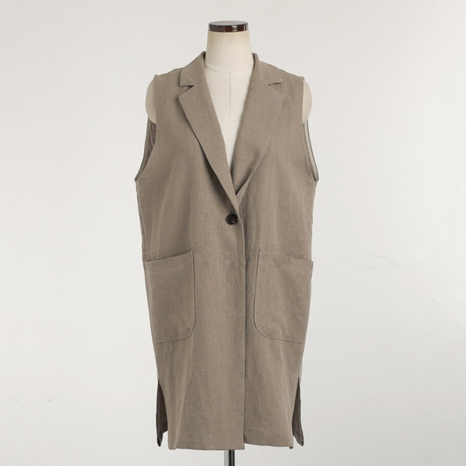 M-2XL Single-breasted Loose Simple Vest Jacket White 2020 Autumn Spring Sleeveless Suit Waistcoat Linen Long Coat Female QEN009