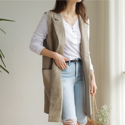 M-2XL Single-breasted Loose Simple Vest Jacket White 2020 Autumn Spring Sleeveless Suit Waistcoat Linen Long Coat Female QEN009