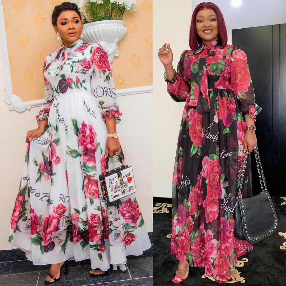 MD Dinner Dresses For Women 2021 New African Spring Summer Elegant Gown Flowers Printed Dashiki Long Dress Ladies Clothing 229#