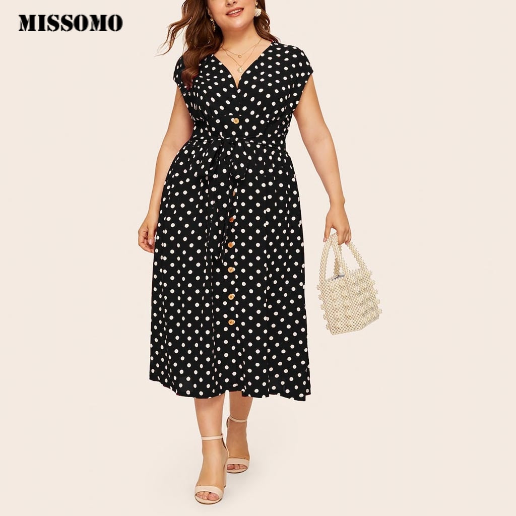 MISSOMO 5XL Women's Polka Dot Casual Plus Size Long Maxi Dress Printed Button Belt summer Dress women clothes 2019 621