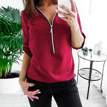 將圖片載入圖庫檢視器 MONERFFI Zipper Short Sleeve Women Shirts Sexy V Neck Solid Women Top Blouses Casual Tee Shirt Tops Female Clothes Plus Sizes
