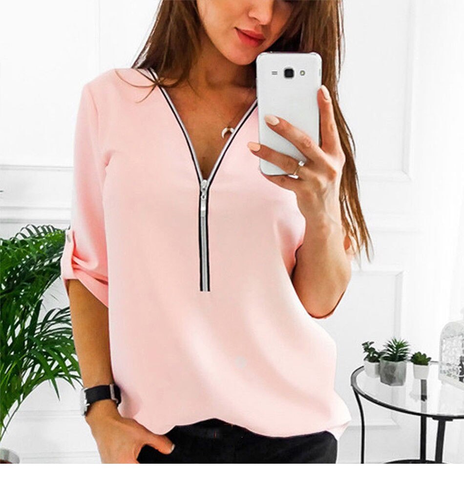 MONERFFI Zipper Short Sleeve Women Shirts Sexy V Neck Solid Women Top Blouses Casual Tee Shirt Tops Female Clothes Plus Sizes