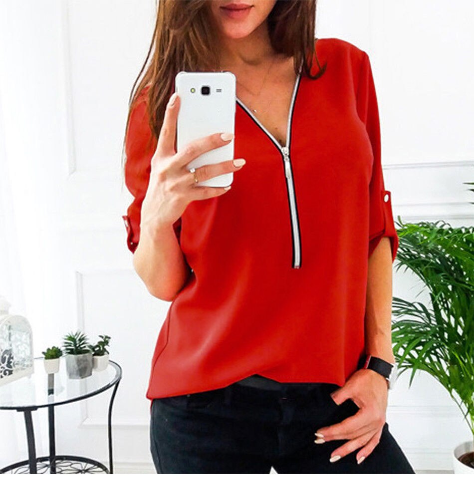 MONERFFI Zipper Short Sleeve Women Shirts Sexy V Neck Solid Women Top Blouses Casual Tee Shirt Tops Female Clothes Plus Sizes