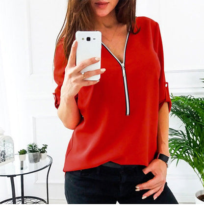 MONERFFI Zipper Short Sleeve Women Shirts Sexy V Neck Solid Women Top Blouses Casual Tee Shirt Tops Female Clothes Plus Sizes