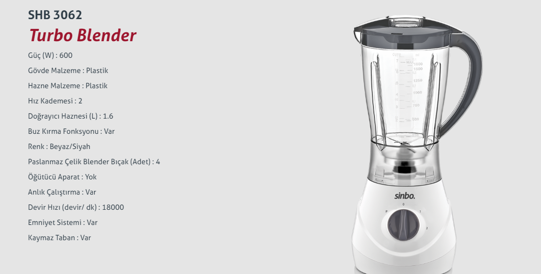 Sinbo SHB 3062 Turbo Sürahili Blender mixed drink preparation chopping grinding fast stainless high quality