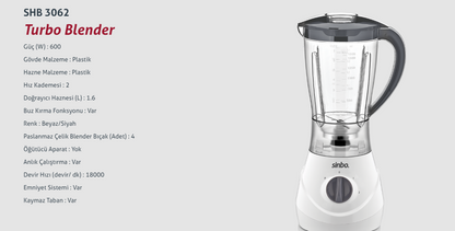 Sinbo SHB 3062 Turbo Sürahili Blender mixed drink preparation chopping grinding fast stainless high quality