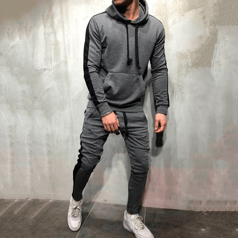Men's Stripe Patchwork Hoodies Bigsweety 2 Pieces Sets Tracksuit Men New Brand Autumn Winter Hooded Sweater + Drawstring Pants