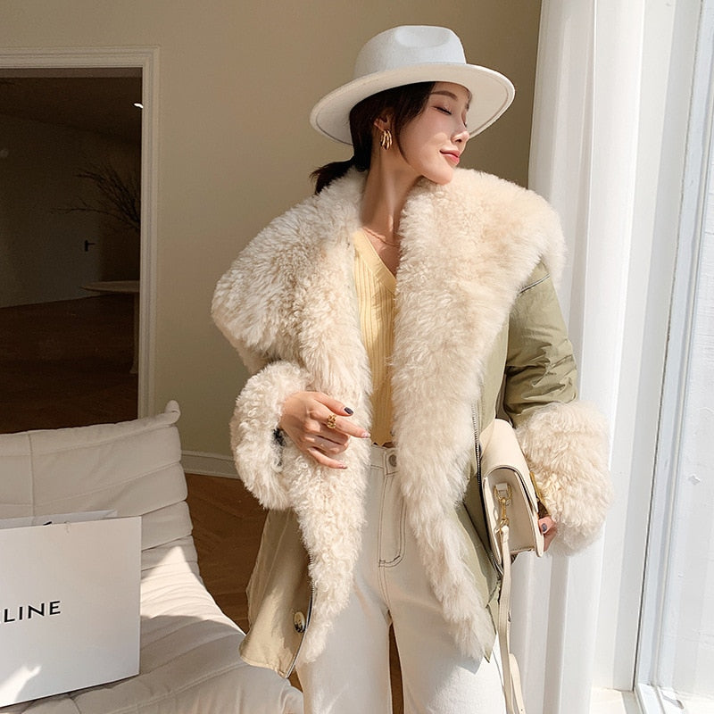 Max Wool Fur Collar Goose Down Jacket Female Women Thicken Warm Patchwork Real Fur One Large Collar Loose Coats Winter Outwears