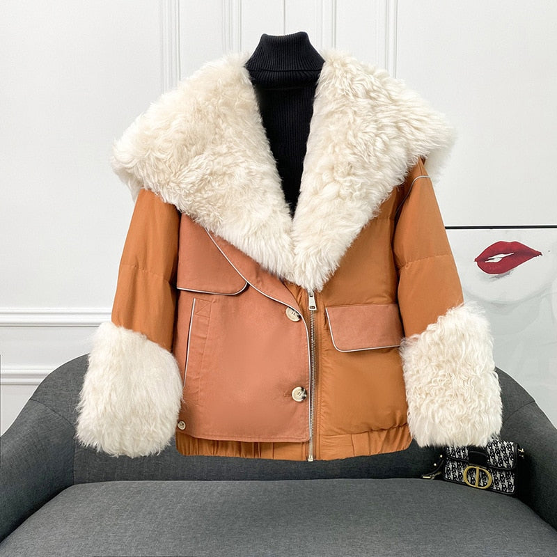 Max Wool Fur Collar Goose Down Jacket Female Women Thicken Warm Patchwork Real Fur One Large Collar Loose Coats Winter Outwears