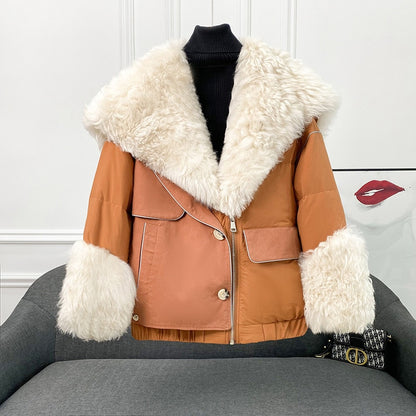 Max Wool Fur Collar Goose Down Jacket Female Women Thicken Warm Patchwork Real Fur One Large Collar Loose Coats Winter Outwears