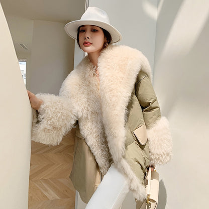 Max Wool Fur Collar Goose Down Jacket Female Women Thicken Warm Patchwork Real Fur One Large Collar Loose Coats Winter Outwears