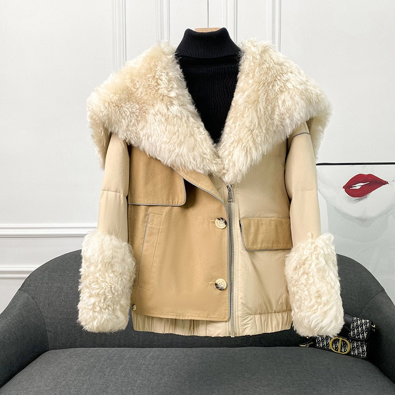 Max Wool Fur Collar Goose Down Jacket Female Women Thicken Warm Patchwork Real Fur One Large Collar Loose Coats Winter Outwears