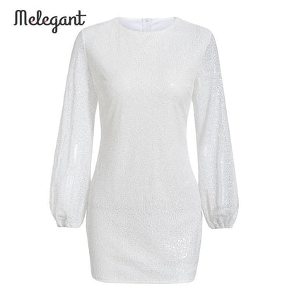 Melegant Sequined Sexy Bodycon Party Silver Dress Women Long Sleeve Mini Feminine Autumn Winter 2019 Dresses Vestidos