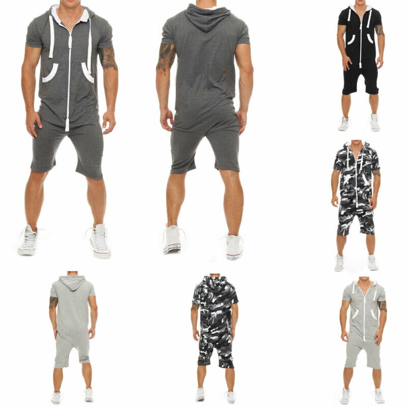 Men Cotton Baggy Short Sleeve Pant One-Piece Suits Jumpsuit Playsuits Romper New 2019