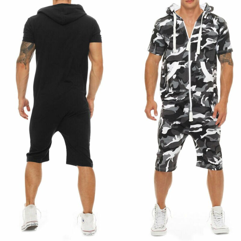 Men Cotton Baggy Short Sleeve Pant One-Piece Suits Jumpsuit Playsuits Romper New 2019